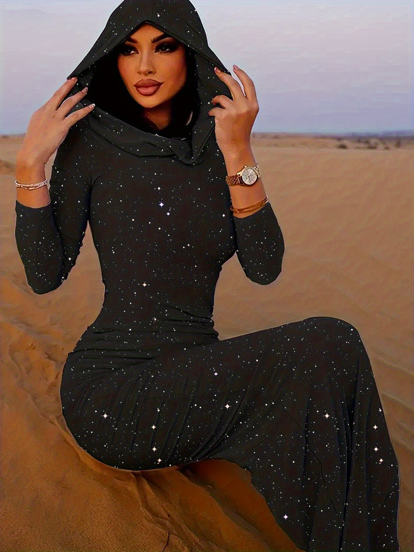 womens hooded dress solid color pencil dress hood machine - Temu Mauritius