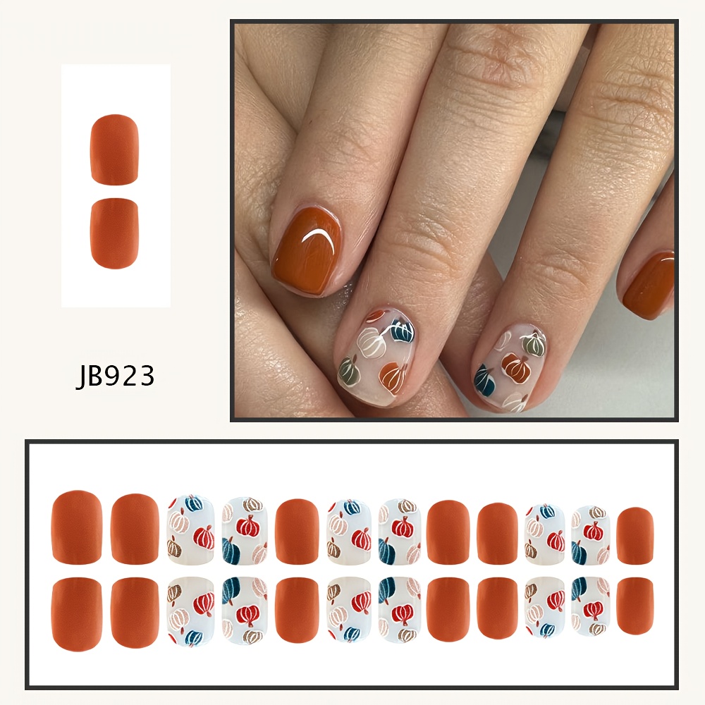 TEMU 24pcs Of Short Square-shaped Nail Art For Thanksgiving, Featuring Colorful And Cute , Designed As Removable Fake Nails