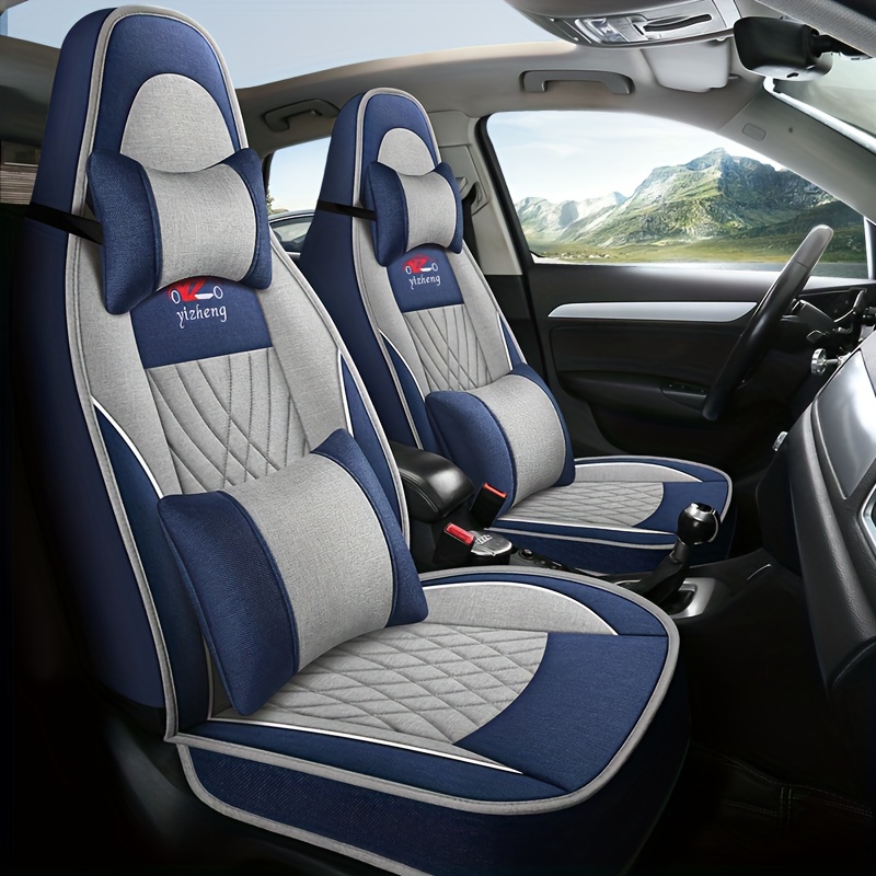 TEMU Headrest And Lumbar Support Linen Car Seat Cover, Unisex, Same Color, Comfortable, Durable, Breathable, 3d Winged Design, , Airbag Compatible,
