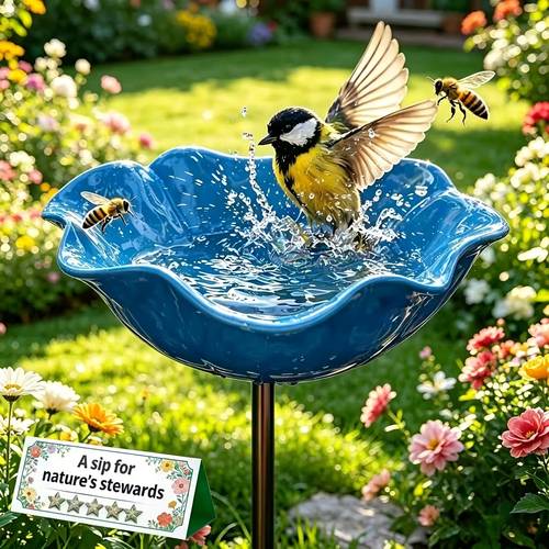 handcrafted metal stakes bee bath and bird watering bowl feeder decorative outdoor courtyard artwork and watering station durable garden decoration gift