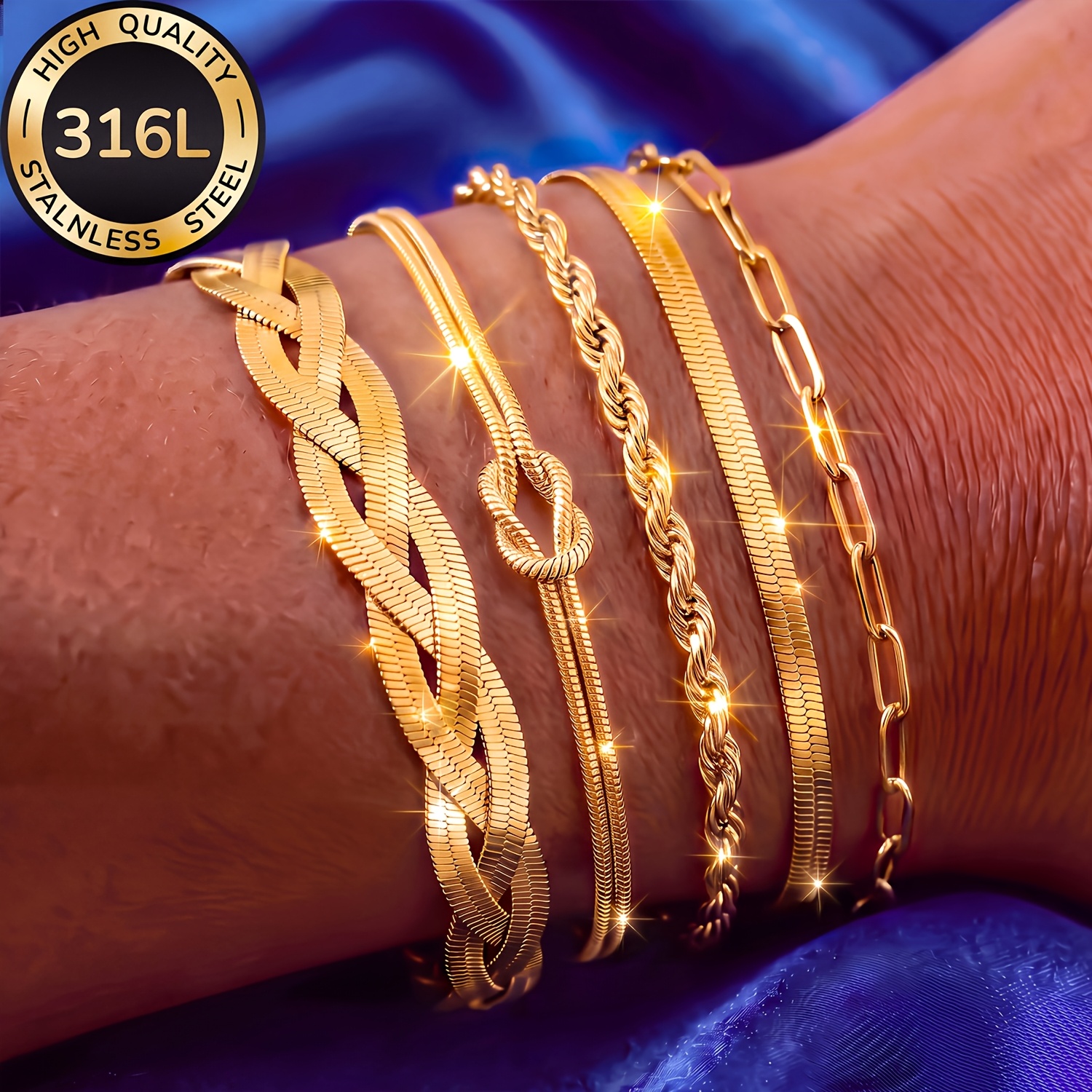 TEMU 5pcs Set Ladies' 18k Golden-plated 316l Stainless Steel Bracelet, Waterproof And Fade-resistant Women's Jewelry, Stylish And Elegant Accessory