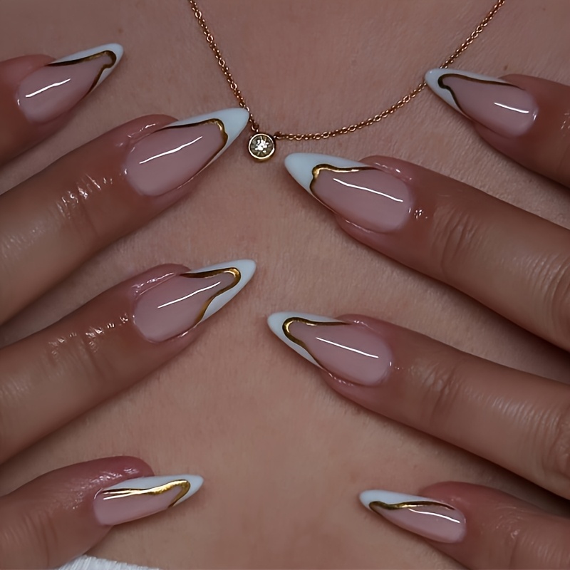24pcs White Nail Tips Fake Nails Press On Nails Fake Nails Medium Almond False Nails With Design Nude On Nails Artificial Acrylic Full Cover Glossy Stick On Nails For Women Manicure