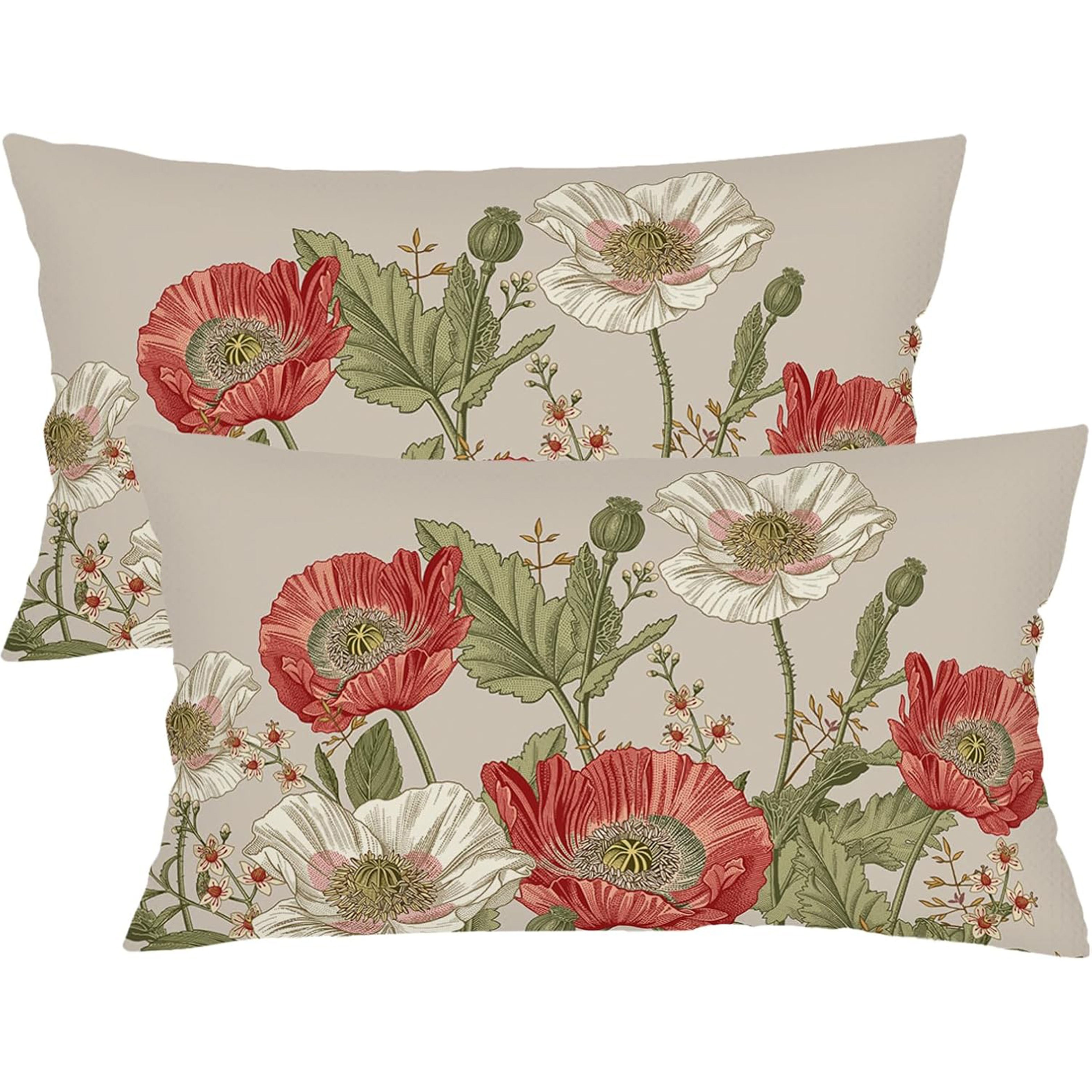 

2pcs Linen Vintage Floral Throw Pillow Covers 12x20 Inch, Rustic Farmhouse Decorative Lumbar Cushion Cases With Zipper For Couch And Sofa, Machine Washable - Single Side (no Insert)