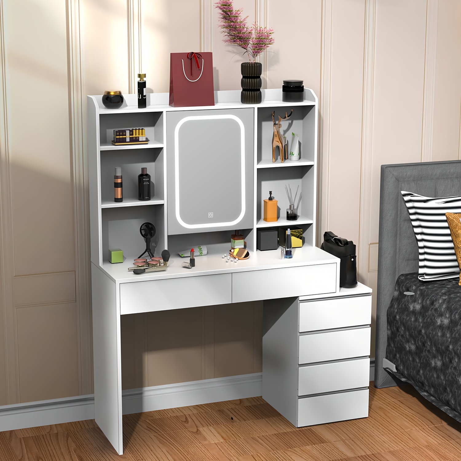 TEMU Modern Minimalist Vanity White Makeup Table With 6 Large Drawers + Smart Led Mirror Light, Desktop Suitable For Bedroom Daily Use 100×40×145cm