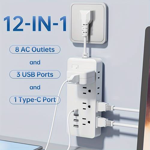 A 12-in-1 Power Strip Featuring 8 AC Outlets, 3 USB Ports, and 1 Type-C Port. Designed with a Short Cord, Protection, and Lightning Protection. a Master Switch and with a Standard US . Suitable for Office, Home, and Travel