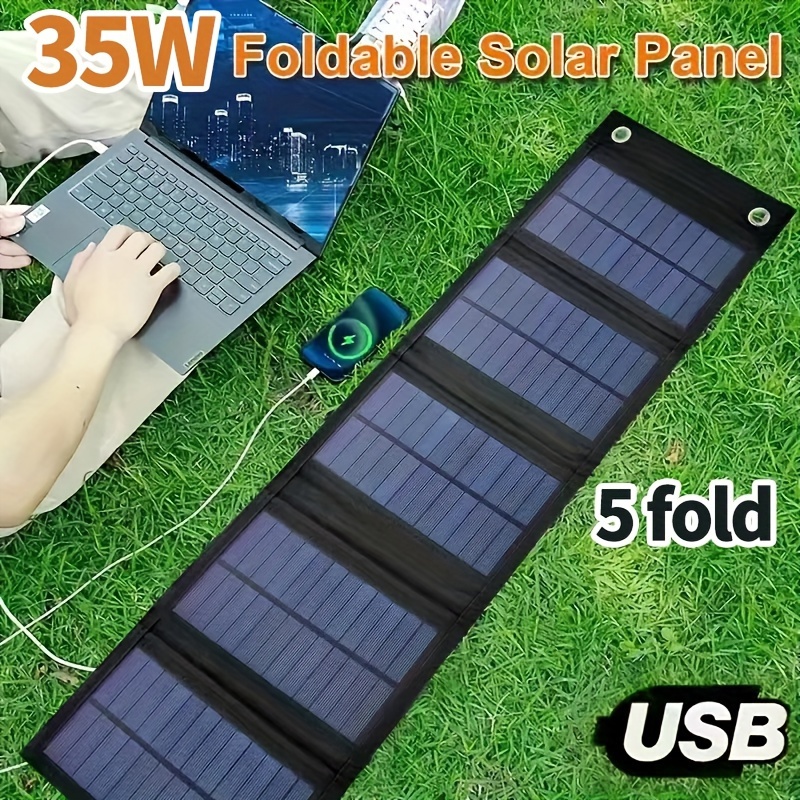 Panel solar plegable de 35W, cargador solar portátil compatible con iPhone, iPad, Samsung, LG y bancos de energía, ideal para acampar y viajar al aire libre.