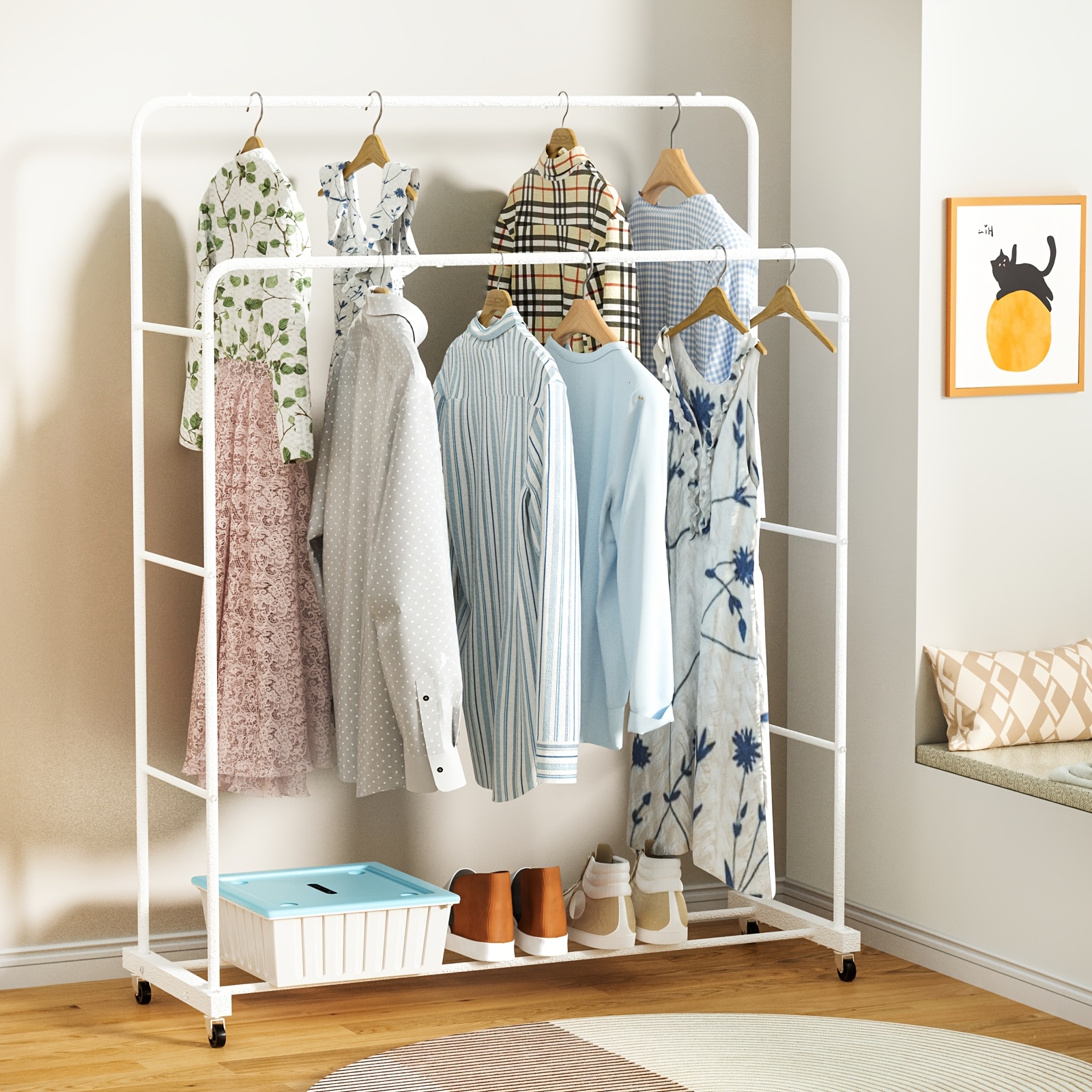 

1pc Adjustable Metal Clothing Rack With Wheels, Double Pole Garment Hanger, Clothes Organizer, Heavy-duty Wheeled Laundry Storage System, <3.2 Cubic Feet Capacity, ≥27" Height