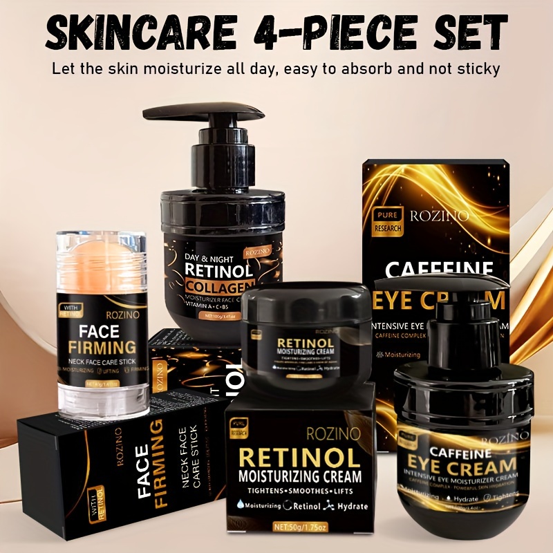 ROZINO 4pcs Retinol Skincare Set Firming, All Skin Types, Moisturizing & Firming, Caffeine Eye Cream, Face Cream, Moisturizing Cream, Facial And Neck Care Stick, Nighttime, Wrinkle Skincare Set, Skin Soft, Delicate And Smooth