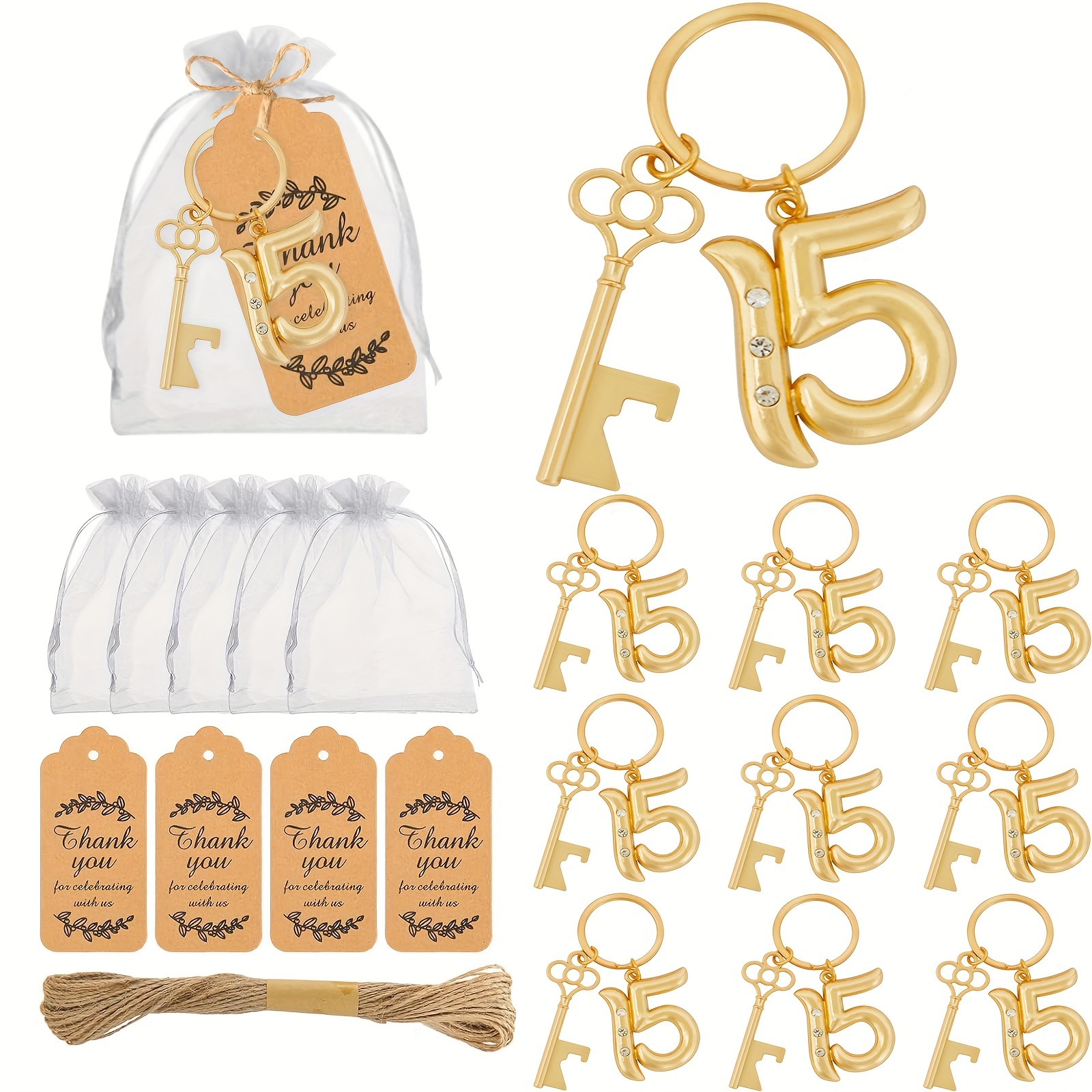 

10pcs Golden Key Bottle With , Thank You Cards & Hemp Rope - Weddings, Bridal Showers, Birthdays & Valentine's Day Gifts, Wedding Gifts