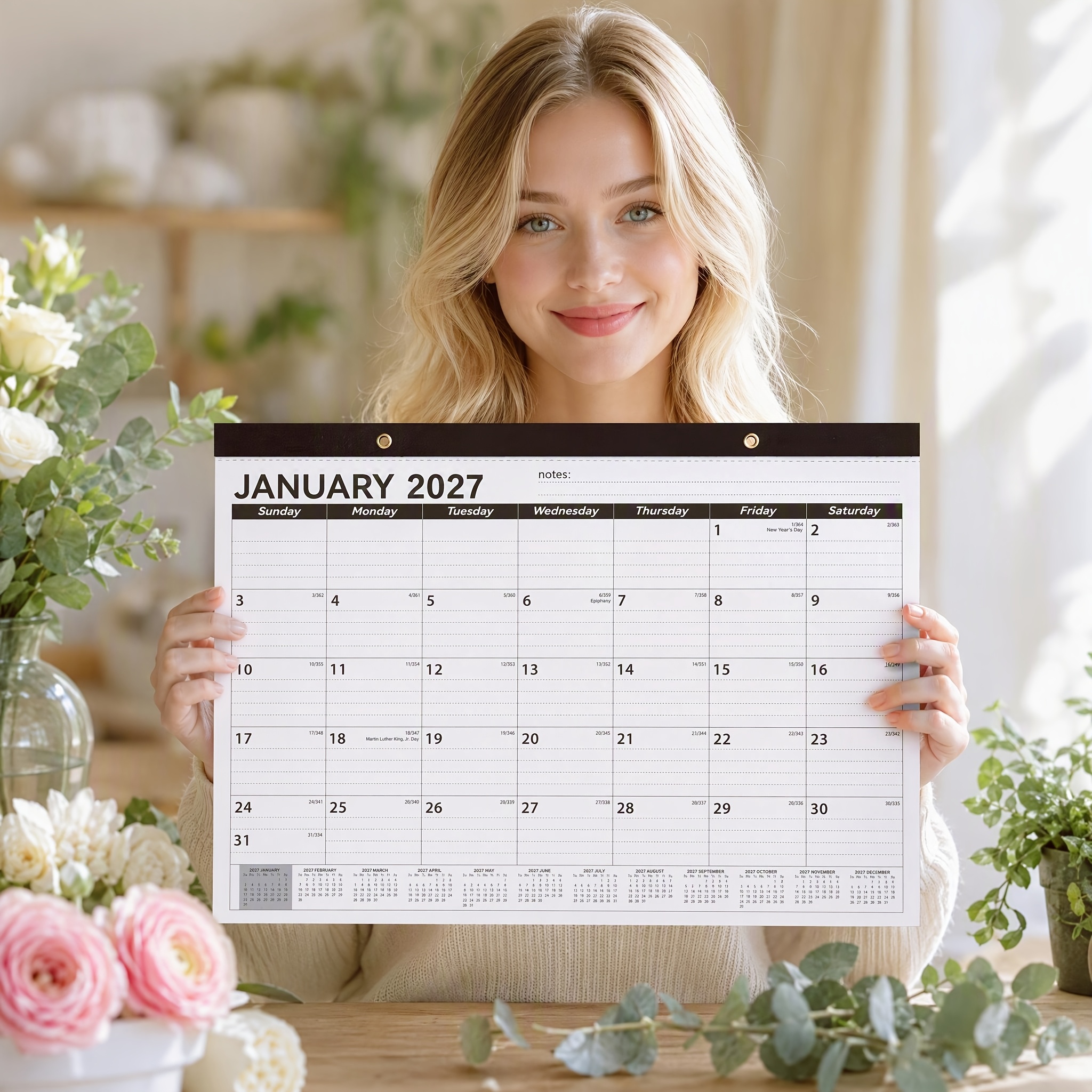 TEMU 1 Large Black And White Wall Calendar, Covering 18 Months From 2027 To 2028 (16.92x12 Inches), Made Of Thick Paper With A Large Grid Design.