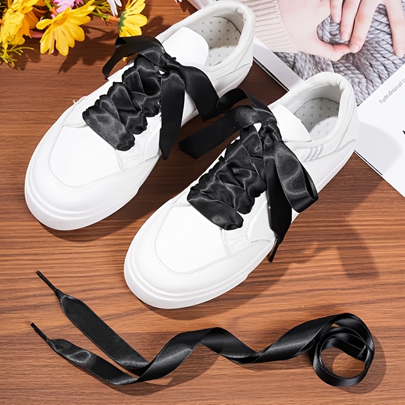 E-shop 2 Stück (4 Stück) Schwarze Flache Satinband Schnürsenkel, Schnürsenkel, Breite Schnürsenkel, Sneaker Skateboard Stiefel Schnürsenkel, Dekorative