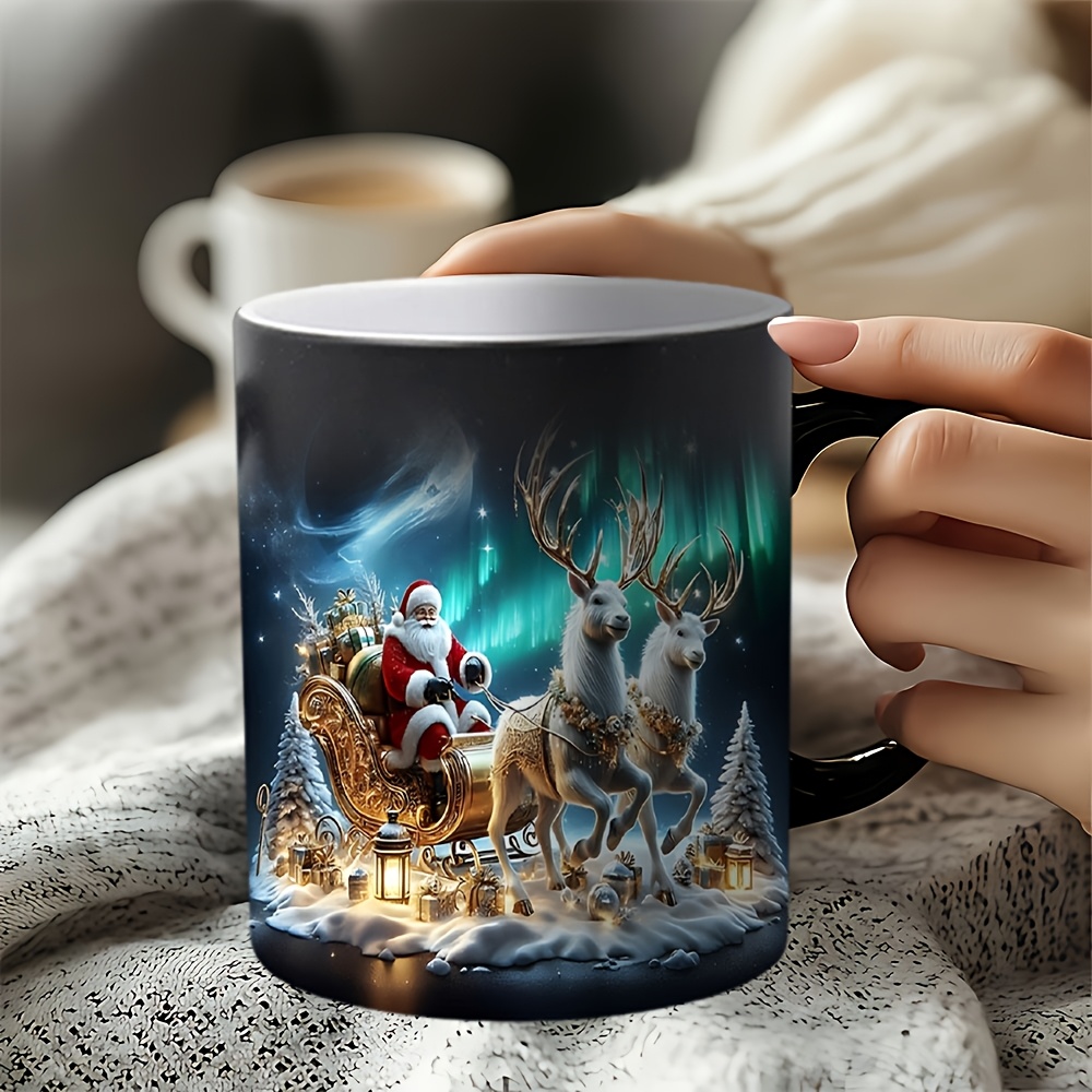 TEMU 1pc 11oz Color-changing Mug, Perfect For With Santa Claus On Golden Sleigh With Reindeer In Northern Lights Theme Design, Ideal For Christmas