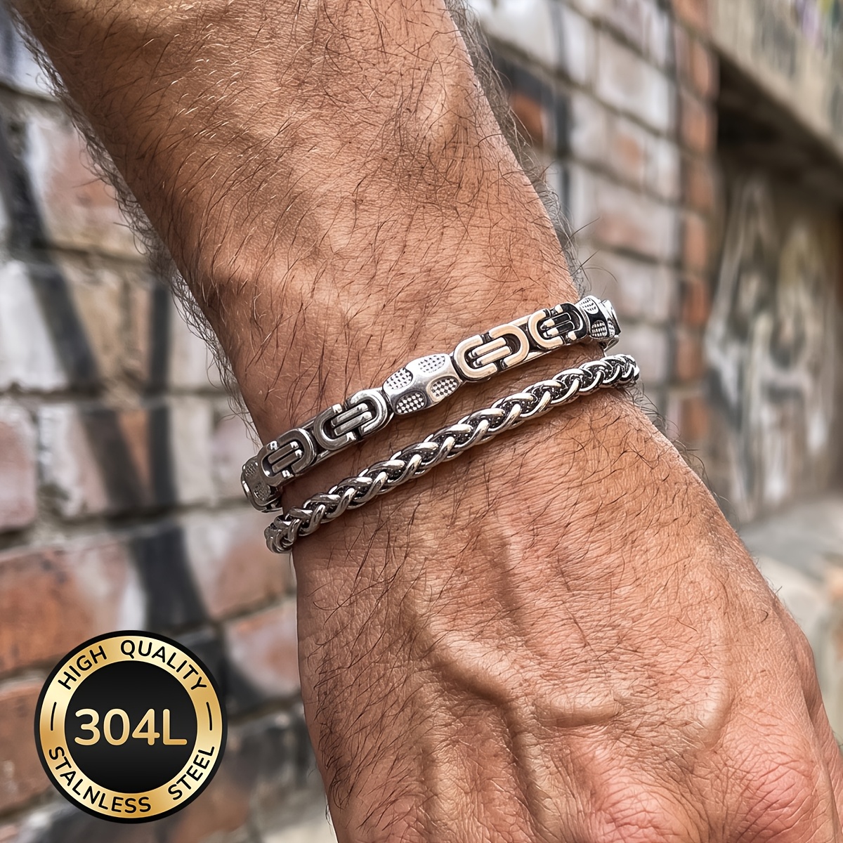 TEMU 2pcs 304l Stainless Steel Bracelet Set, Waterproof And Non-fading, Suitable For Men, Men's Jewelry Set, Fashionable Accessories, Suitable For