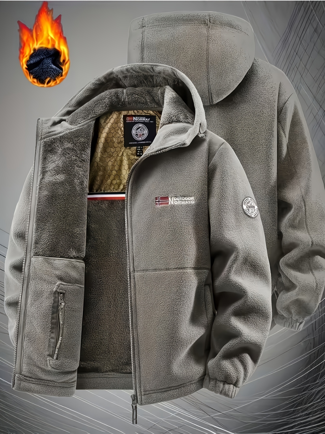 item picture new style mens fleece lined hooded thick jacket long sleeve warm coat full zip outdoor thermal outerwear loose fit mens winter jacket suitable for casual machine washable