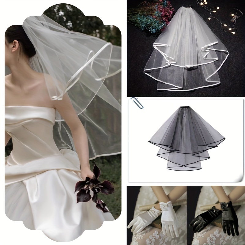 1pair Faux Pearl Decor White Gloves Elegant Satin Gauze Wedding