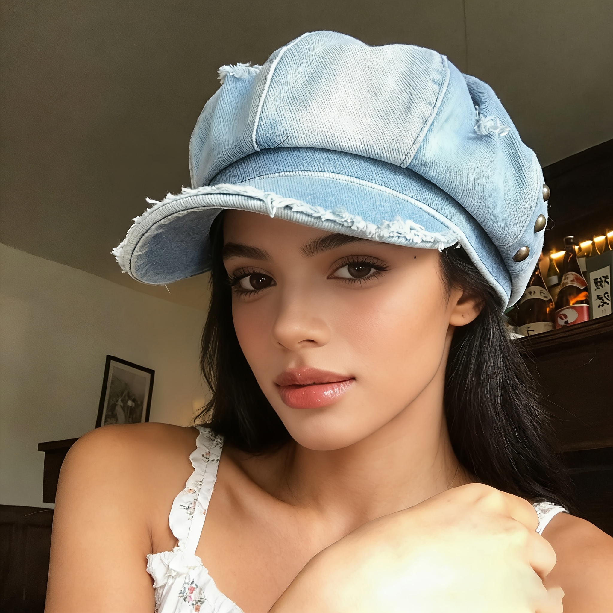 Image of Retro Washed Denim Octagonal Hat For Spring And Summer, Fashionable Temperament, Beret, Big Head , Women's Newsboy Hat, Fashionable Spring And Summer Outdoor Travel, Street Duckbill Hat