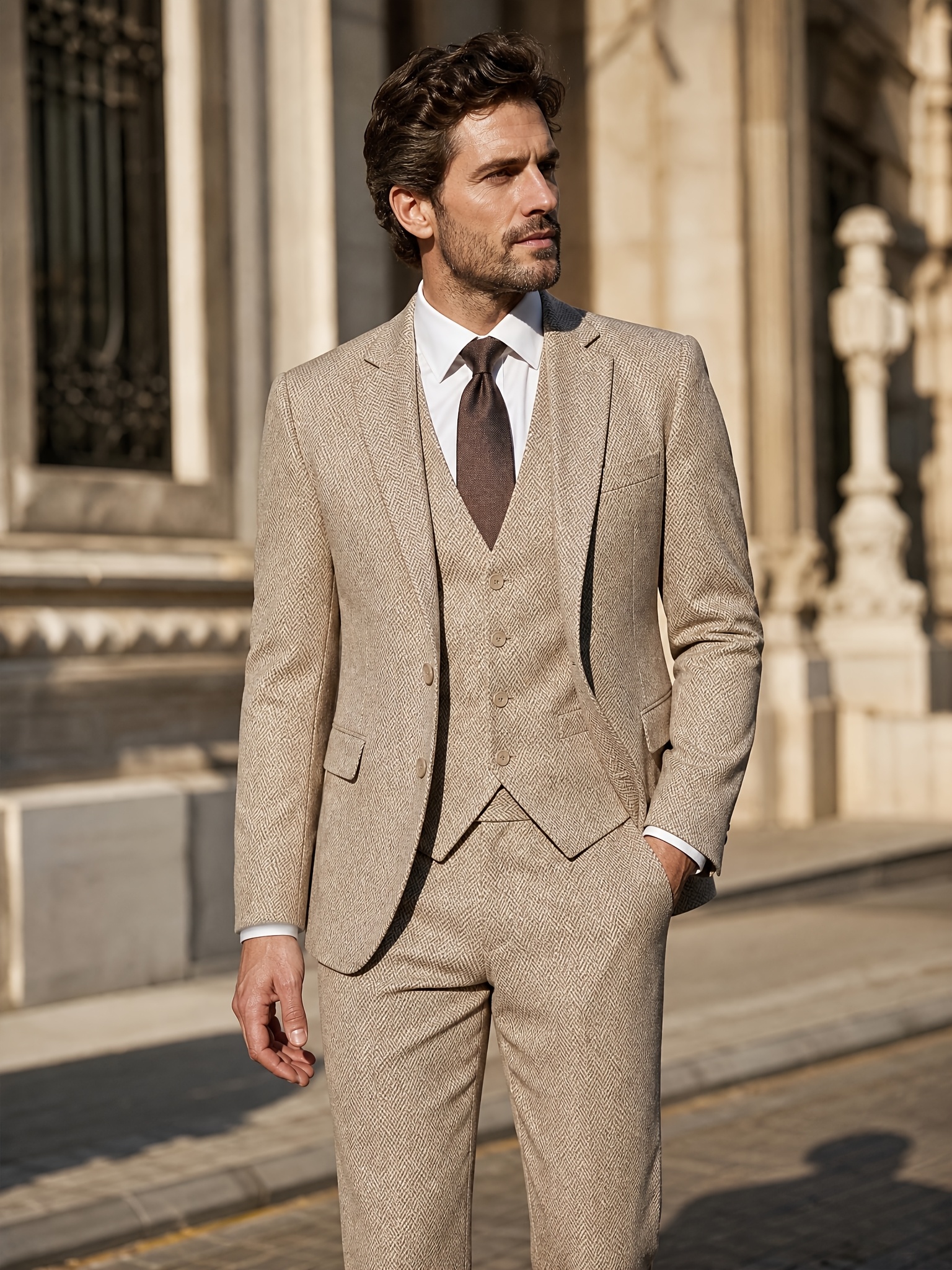 mens herringbone tweed 3pcs suit vintage wool blend   waistcoat trousers set formal business wedding suit