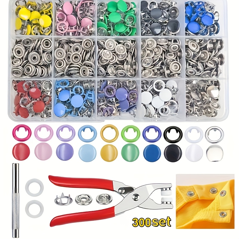TEMU 300 Sets Metal Snaps Buttons With Fastener Pliers Press Tool Kit For Diy Crafts Clothes Hats And Sewing (10 Colors, 9.5mm)