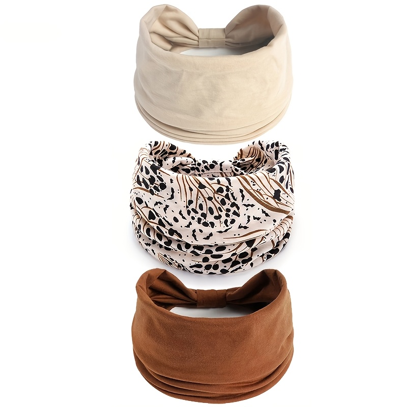 TEMU 3pcs Set Of Solid Color Leopard Print Wide-band Knotted Minimalist Headbands, Fashionable Women's Hair Tie Set Of 3, Casual Elastic Sports And
