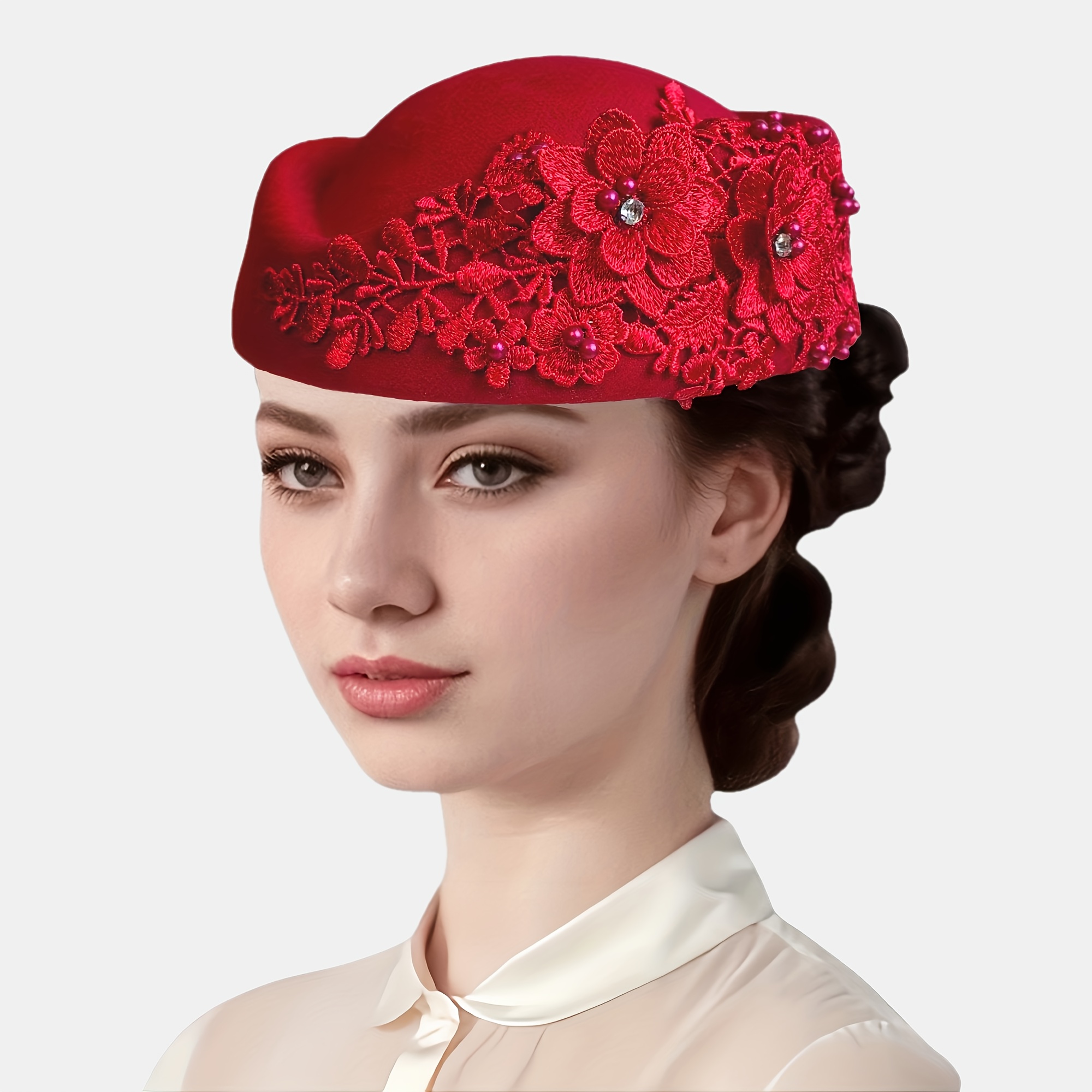 TEMU 1pc Vintage British Felt Beret, Embroidered Patch With Decoration Felt Hat, Suitable For Church Party, Social Etiquette Miss Welcome Hat