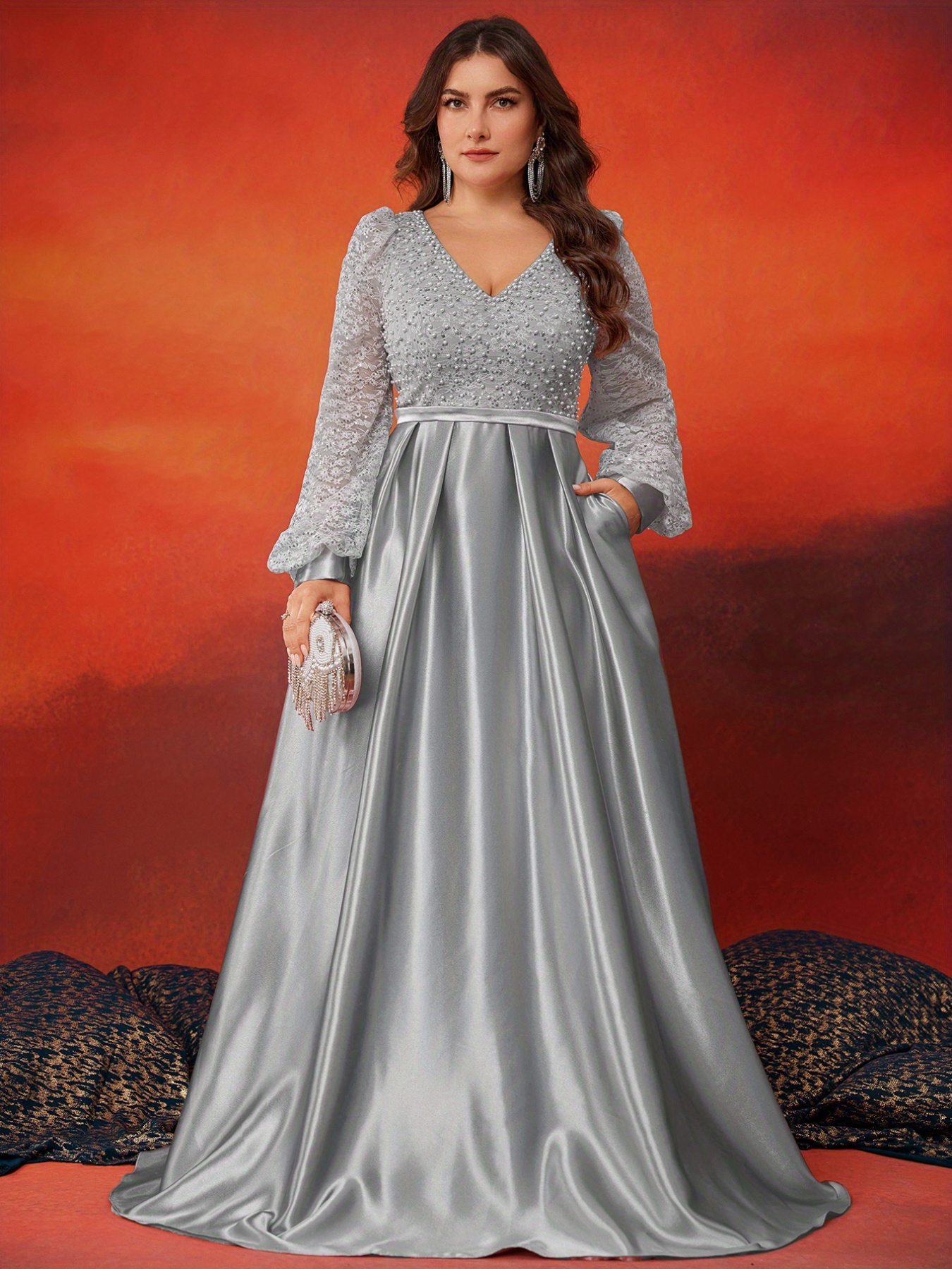 chinese dress ladies Plus Size Long Sleeveless A-line Glitter Dress by Poly USA W1082  ABC  Fashion