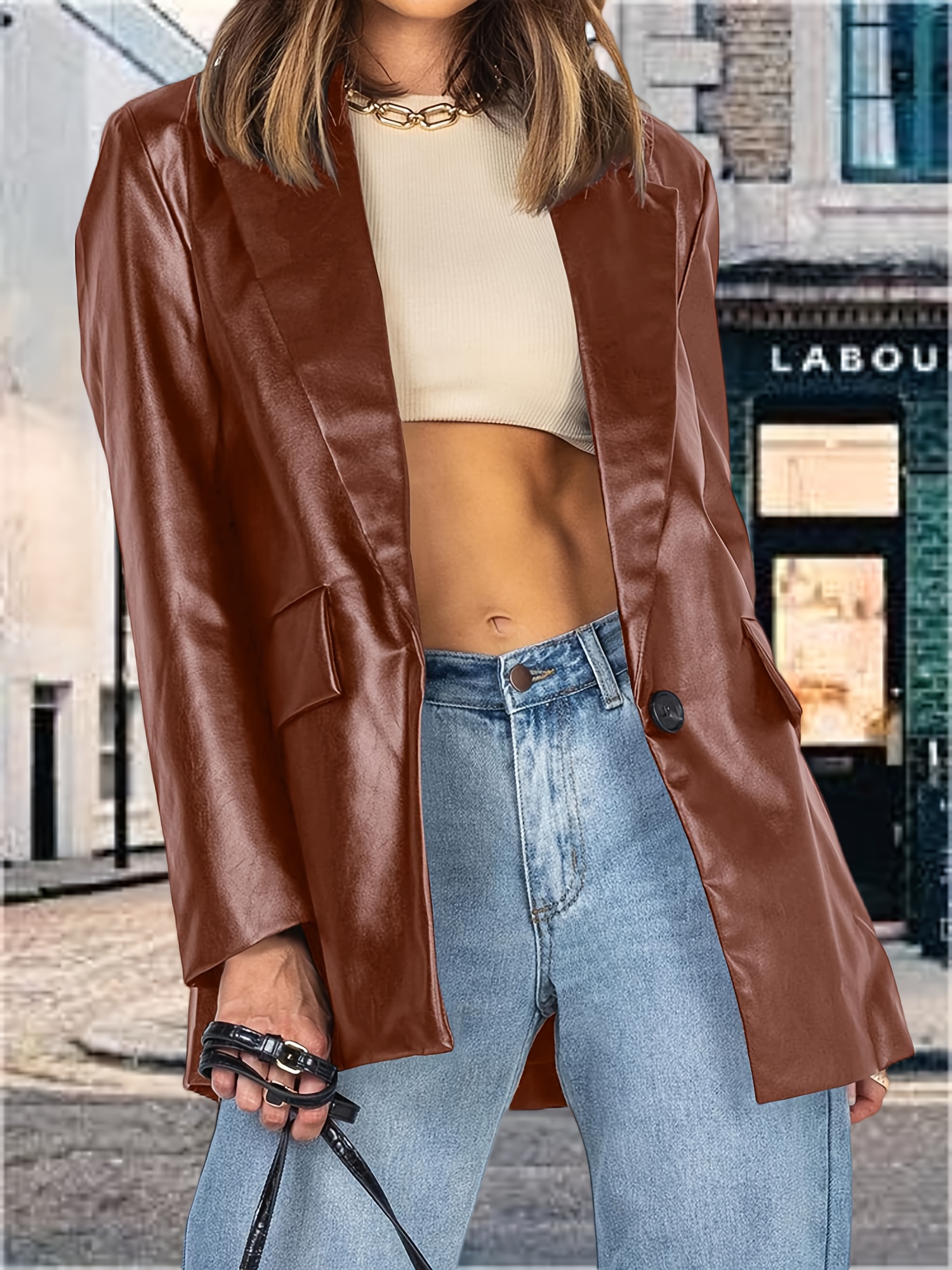 Veste Oversize pour Femme Marron à Manches Longues avec Col à  Boutonnage Poches Latérales, Style Vintage pour Printemps/Été/Automne