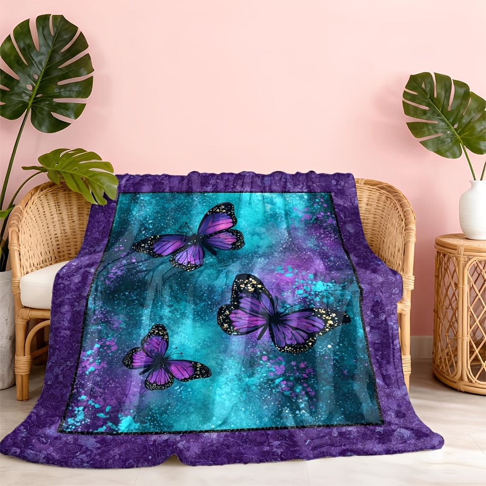 TEMU 2d Flat Luxury Flannel Blanket, Purple And Teal Print, Deep Purple, Navy Blue And , Throw For Bed, Sofa & Office, Machine Washable, Great Gift
