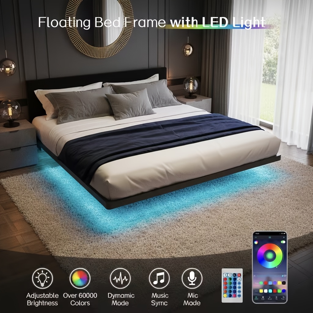 TEMU Bed Frame That Floats, With Led Lighting And A Charging Station Featuring Usb And Type-c Ports. This Metal Platform Bed Is Designed To Be