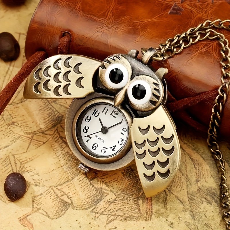Vintage Bronze Owl Pocket Watch Necklace – Stylish Quartz with  Golden-Colored Chain, Intricate Feather Detailing, Ideal Gift for Women
