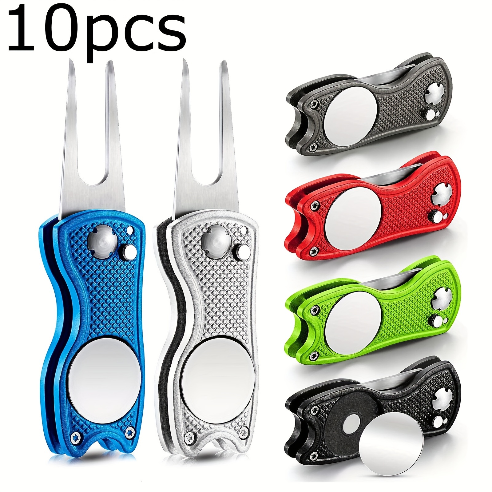 TEMU 10pcs Golf Repair Tool With Button Ball Marker Tool Stainless Steel Foldable Golf Tool For Golfers, Random Color