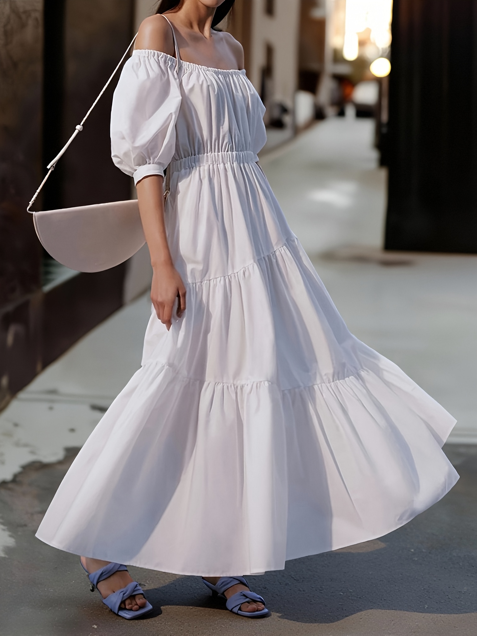 2026 Spring/Summer New Women'S Long White Dress with One-Shoulder Design,  Puff Sleeves *-Length Sleeves, Elastic Waist, Pockets, A-Line Silhouette,  Solid Color, Stylish And Casual, Fresh And Elegant, ...