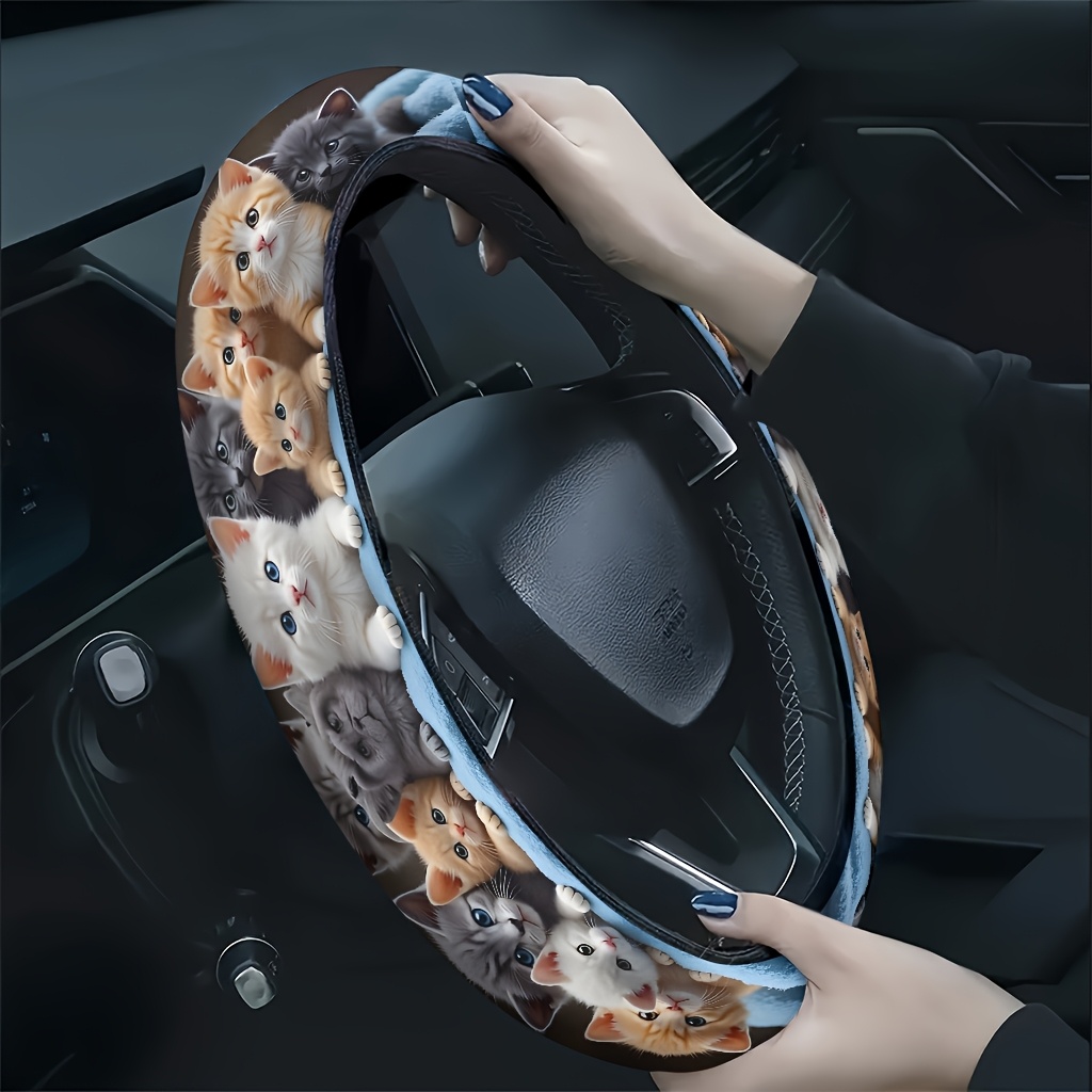 TEMU 1pc Housse de Volant de Voiture Chat Réunis sur Tapis Bleu, Texture Douce et Respirante, la Fatigue des Mains, à Toutes , Accessoire de Voiture