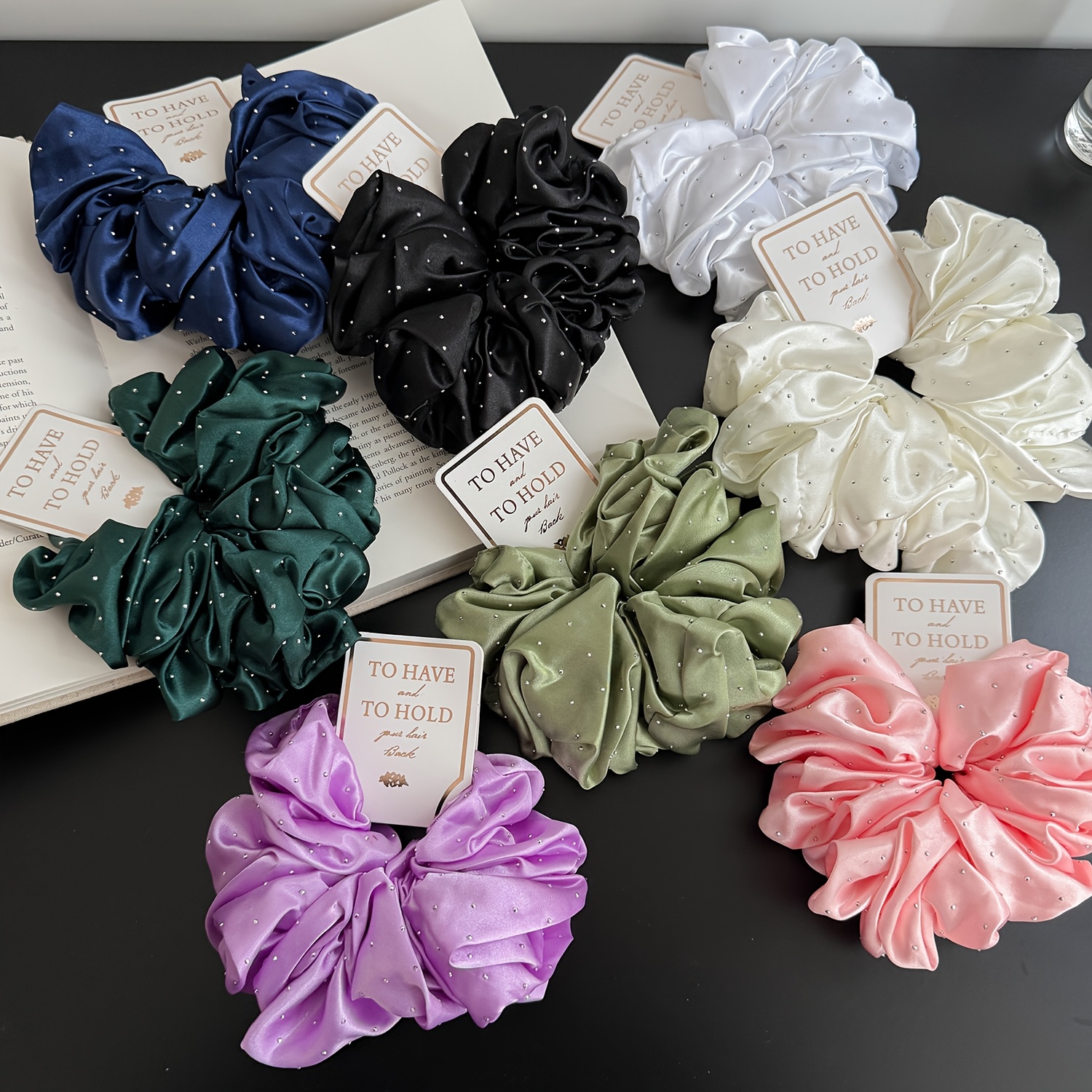 TEMU 8pcs Crystal Satin Elastic Hair Ring Gift Blue Black White Green Champagne Purple Pink Single Party/wedding/bridesmaid Gift/festival/anniversary