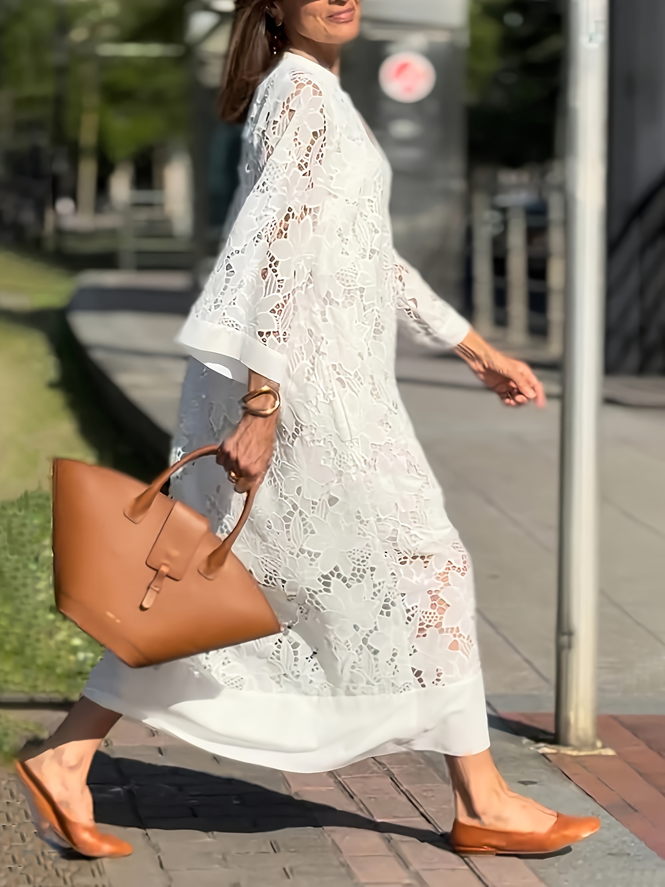 lace dress set elegant solid color v neck length sleeve - Temu Oman