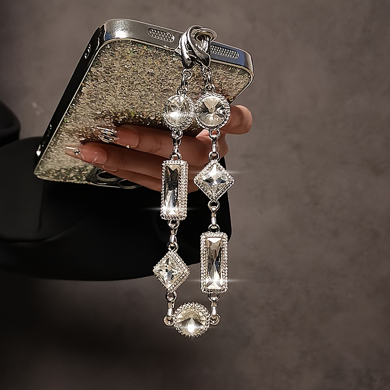 TEMU 1 Crystal-encrusted Metal Bracelet Wristlet With An Elegant Rectangular Diamond Lanyard Strap, Including A Clear Clip, Which Used As A Beautiful