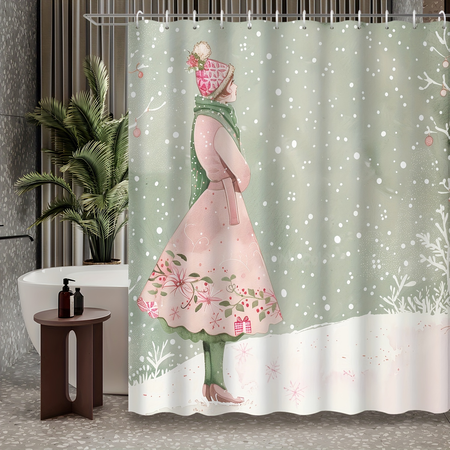 

1pc Christmas Cartoon Romantic Winter Snow Scene Beauty Printed Shower Curtain, Waterproof Polyester Fabric, With 12 Hooks, Waterproof Shower Curtain, Bathroom Accessories