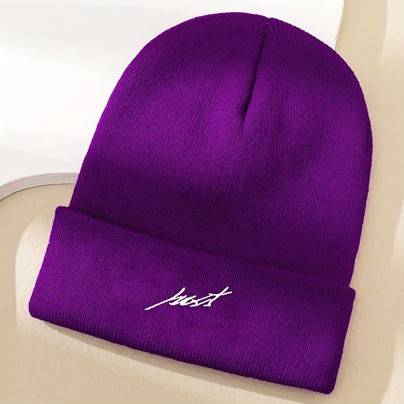 TEMU 1 Bonnet Tricoté Brodé "JUST", Bonnet d'Hiver Épaissi Tricoté, Unisexe pour Hommes et Femmes, Bonnet d'Extérieur Chaud pour Temps Froid, Bonnet