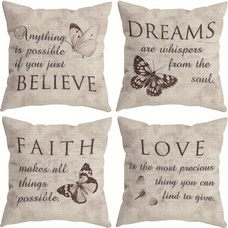 

4-piece Vintage Linen Pillow Cover Set - Dream, Love, Believe, Faith Designs For Living Room & Car