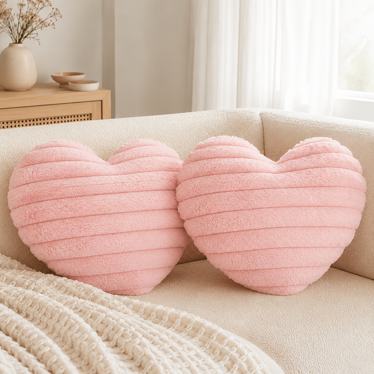 TEMU 2pcs Set Of Pink Heart-shaped Pillow Covers, Soft Striped Cushion Covers, Cute Decorative Pillows, Suitable For Bedroom, Sofa, Living Room, And