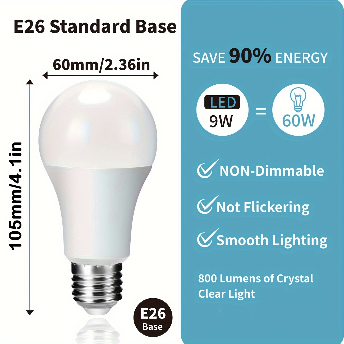 4pcs a19 led light bulbs 9w equivalent to 60w with 800 cri 90 5000k 3000k e26 non dimmable at 110 and are only suitable for use in the us and canada non dimmable home office and commercial use details 2