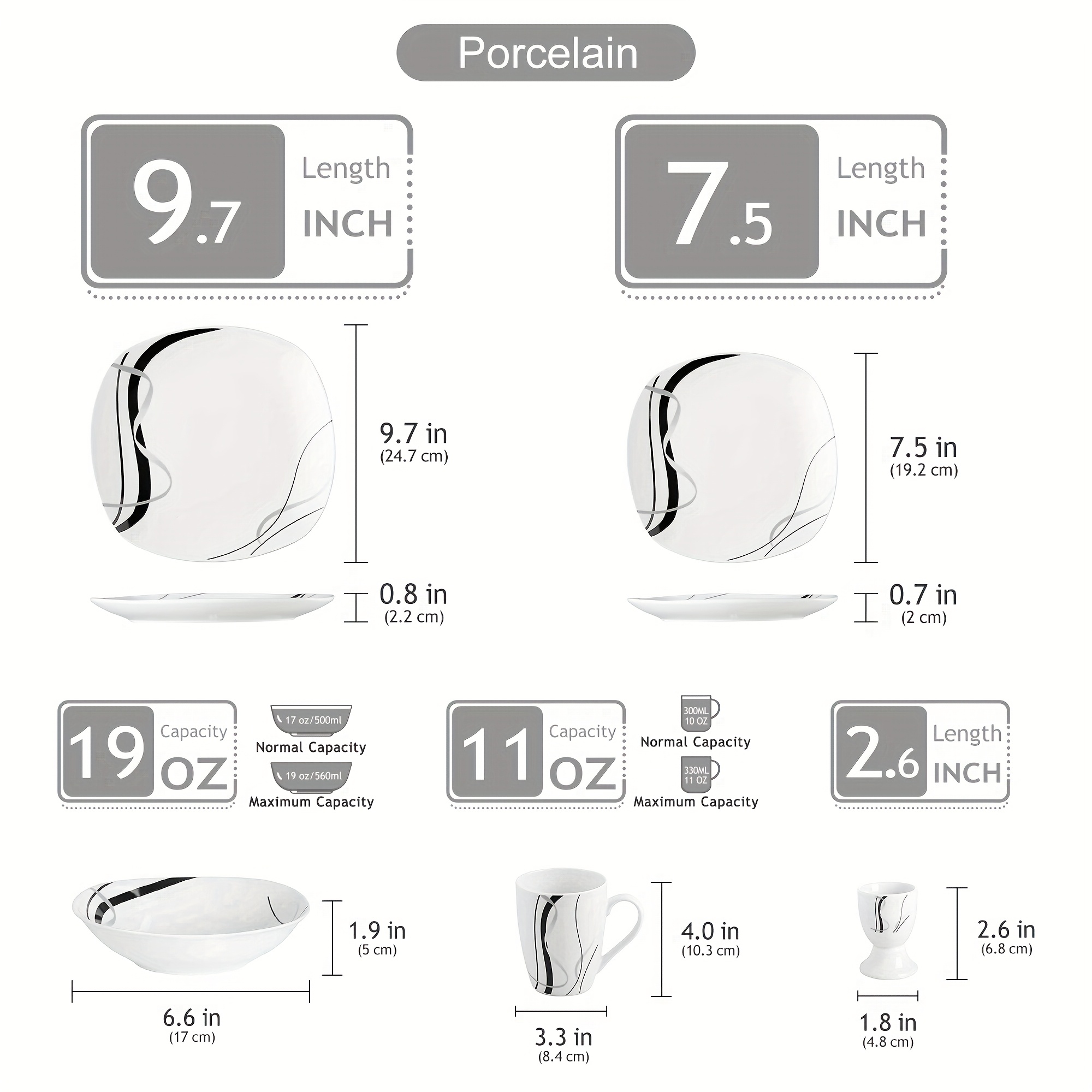 TEMU 20pcs White Dinnerware Set With Black Trim, Square Porcelain Tableware For Four, Including Plates And Bowls