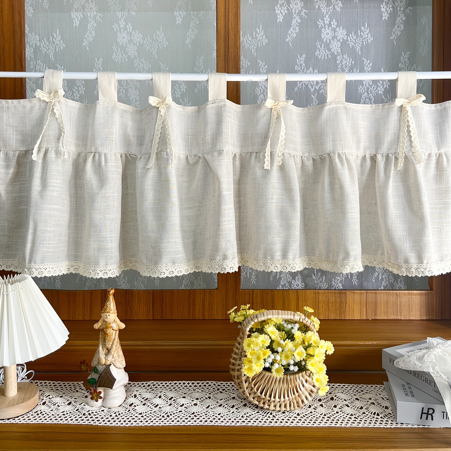 1pc, Romantic Bow Lace Short Curtain, Bohemian Style Linen-look Coffee Curtain With Tie-backs, Suitable For Kitchen, Living Room, Farmhouse And B& Decor