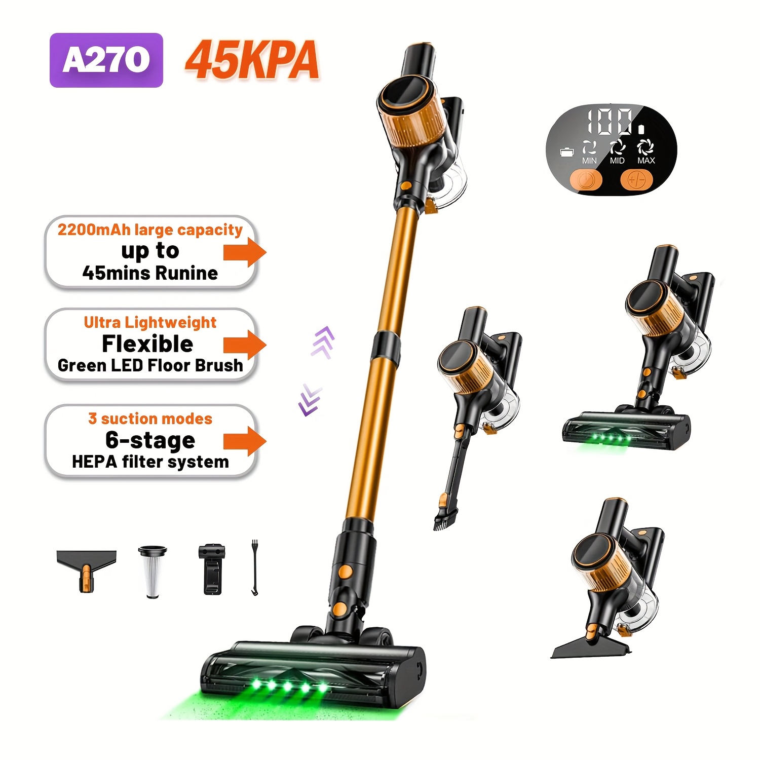 TEMU Powerful Household Vacuum Cleaner, 10in 1 Powerful Suction Lightweight Vacuum Cleaner For Home, Led Display, 3 Suction , Light And Quiet 45