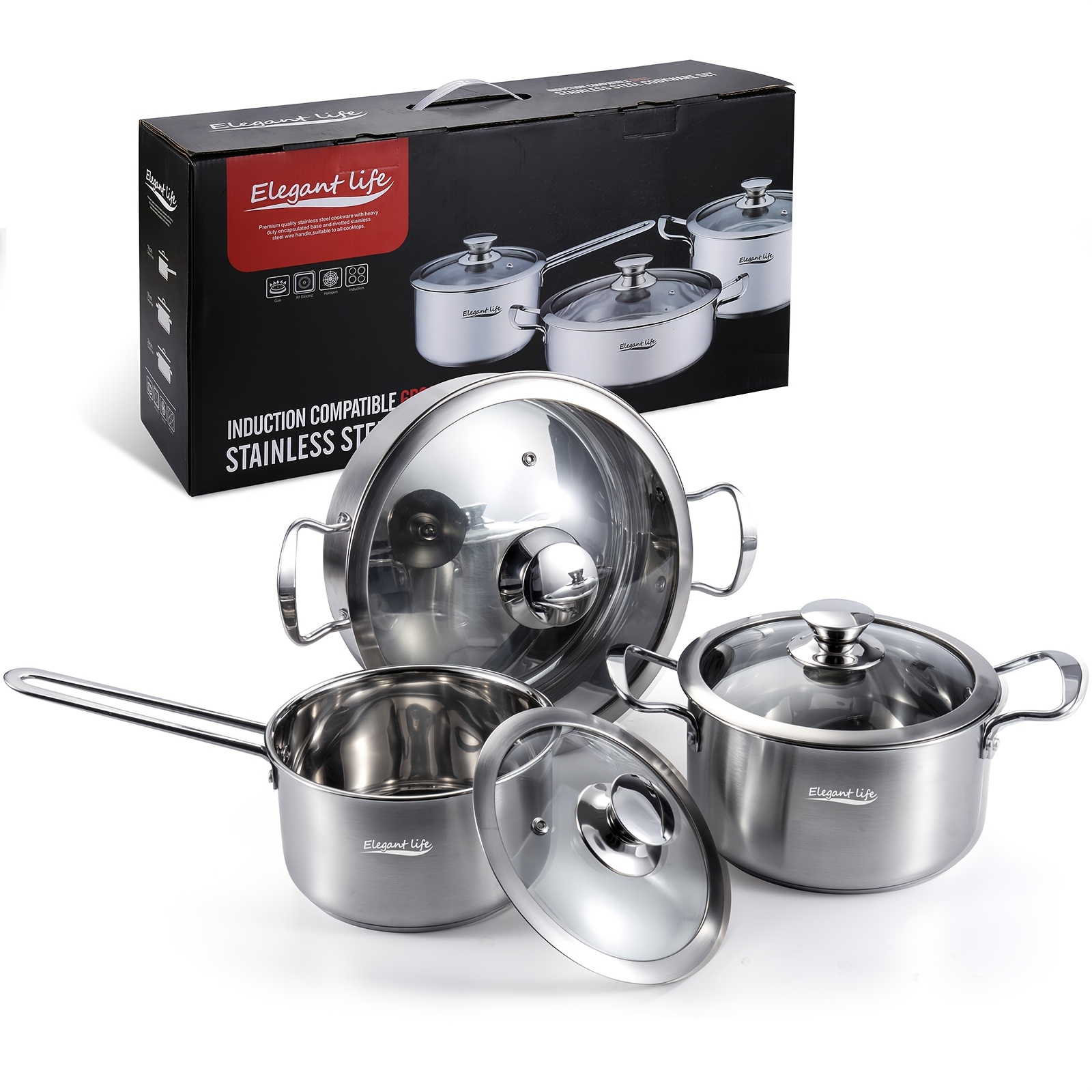 TEMU Ensemble de 6 ustensiles de cuisine en acier inoxydable, idéaux pour les plaques à induction et les fours. Casseroles et poêles durables.