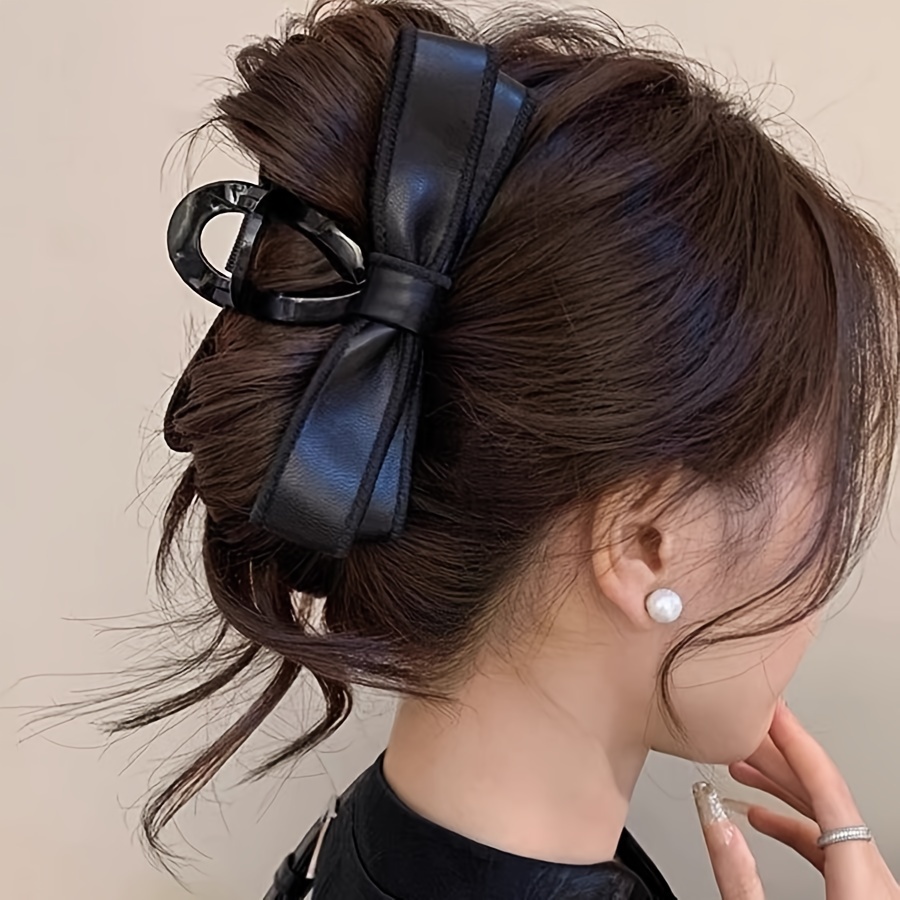 TEMU 1pc Women's Large Leather Hair Claw Clip With Bowknot Decor, Easy Ponytail Hair Accessory Cute
