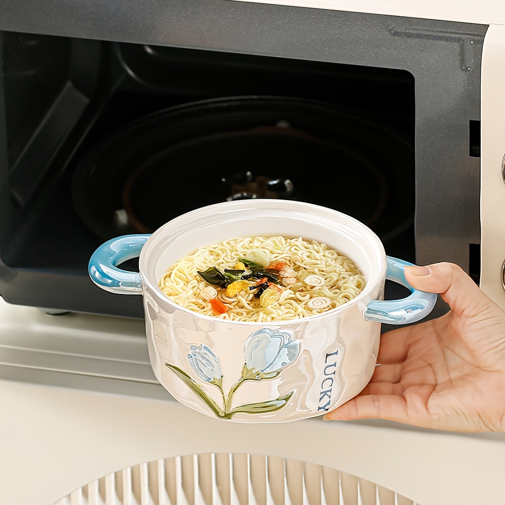 1Pc Ceramic Bowl With Lid Pearl Glazed Tulip Double Ear   Creative And Cute Soup Bowl Rice Bowl Instant Noodle Bowl Fruit Bowl Used For   And Restaurant   Kitchen Supplies Tableware Accessories Product Details 8