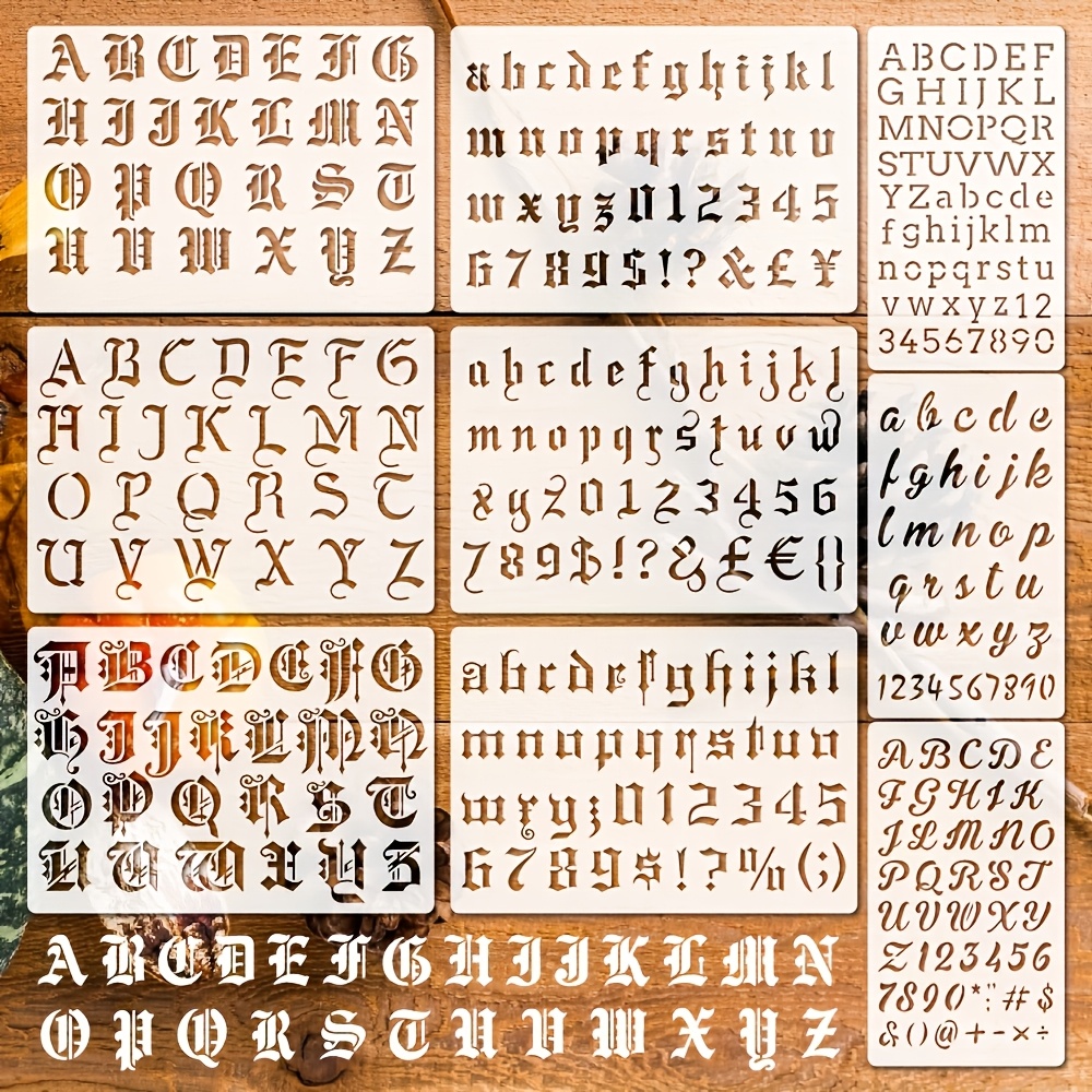 Image of A Set Of 9 Gothic Letter Stencils Reusable, Alphabet Number Symbol Templates For Painting On Wood, Diy Crafts, Signs, Scrapbooking