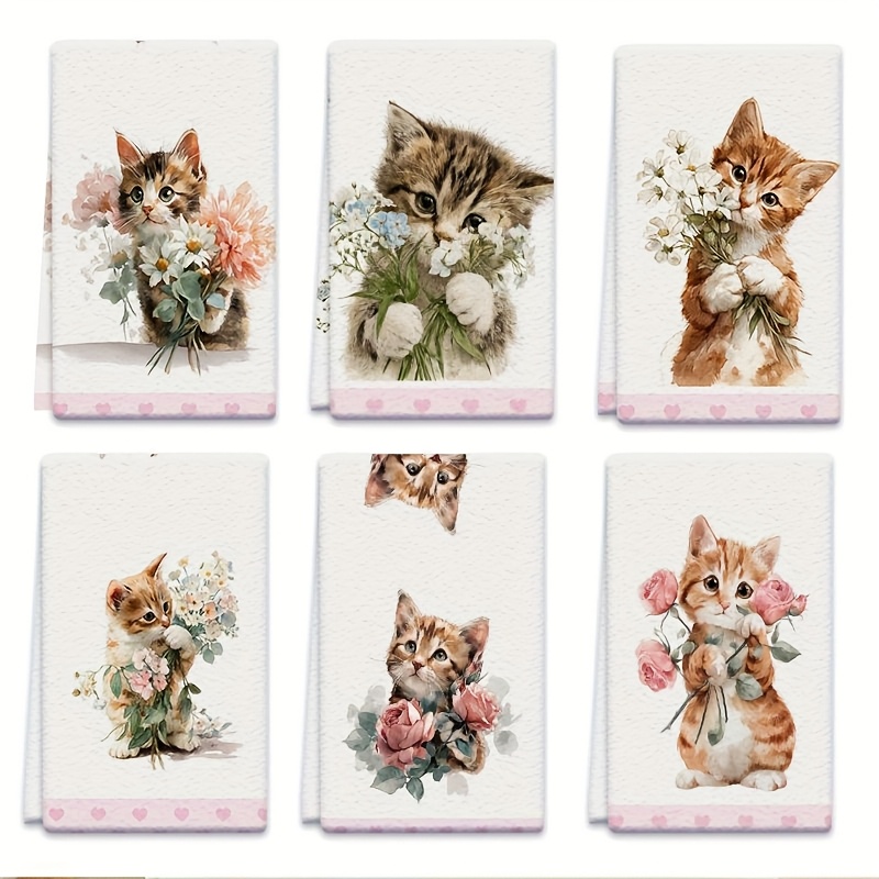 TEMU Lot de 6 torchons de vaisselle, 18x26 pouces - Motif chat et bouquet, chiffons de cuisine absorbants en microfibre de cœur pour à , , le