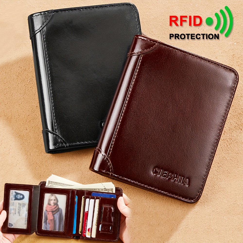 

Men's Genuine Leather Rfid Blocking Wallet - Slim Vintage Trifold Design, Top Layer Cowhide, Multiple Card Slots & Id Window, Black Or Brown, Perfect Gift For Him, Leather Wallet