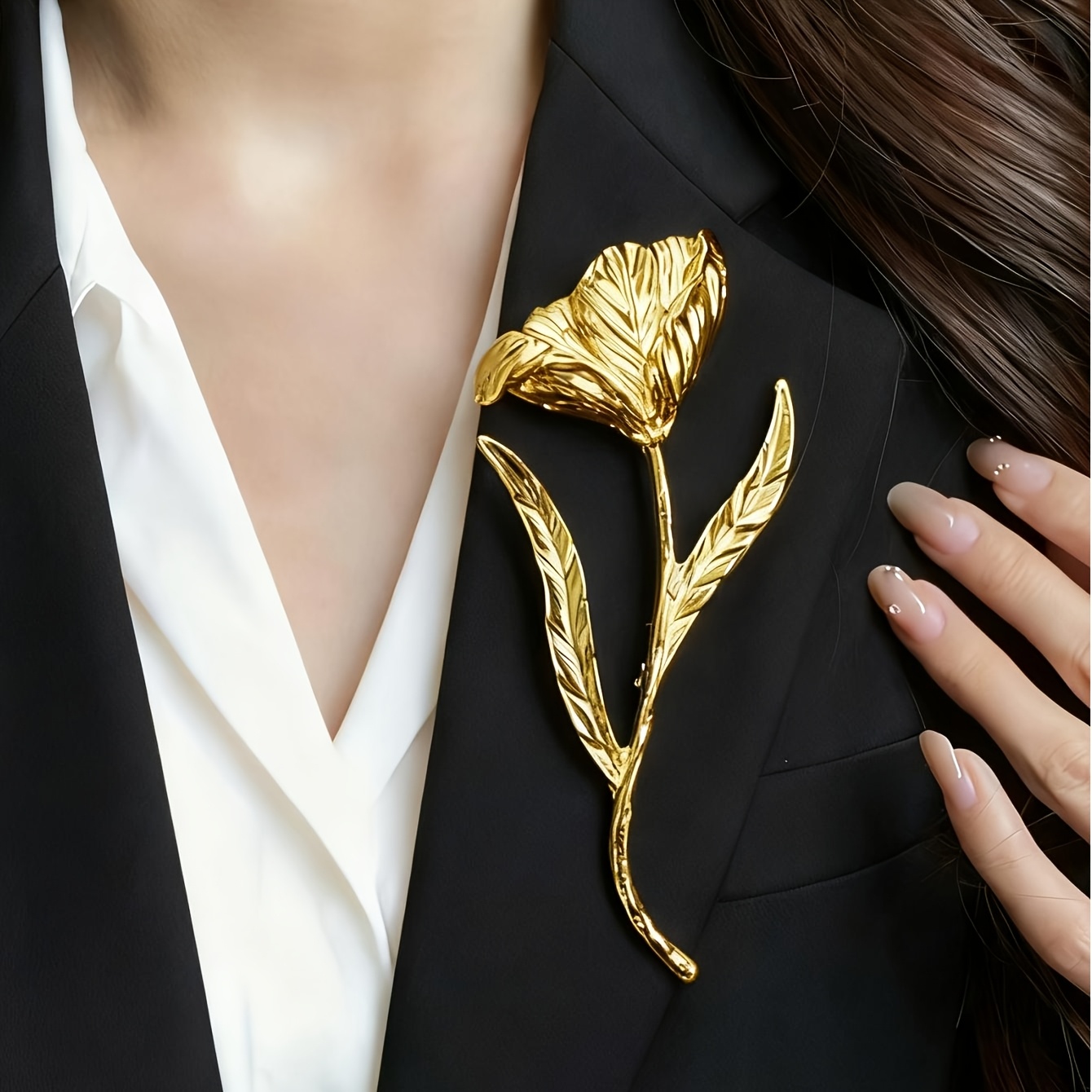 TEMU 1/2 pièce(s) - Une longue broche de de couleur dorée et argentée, avec une texture tridimensionnelle de feuilles et de fleurs en métal, une